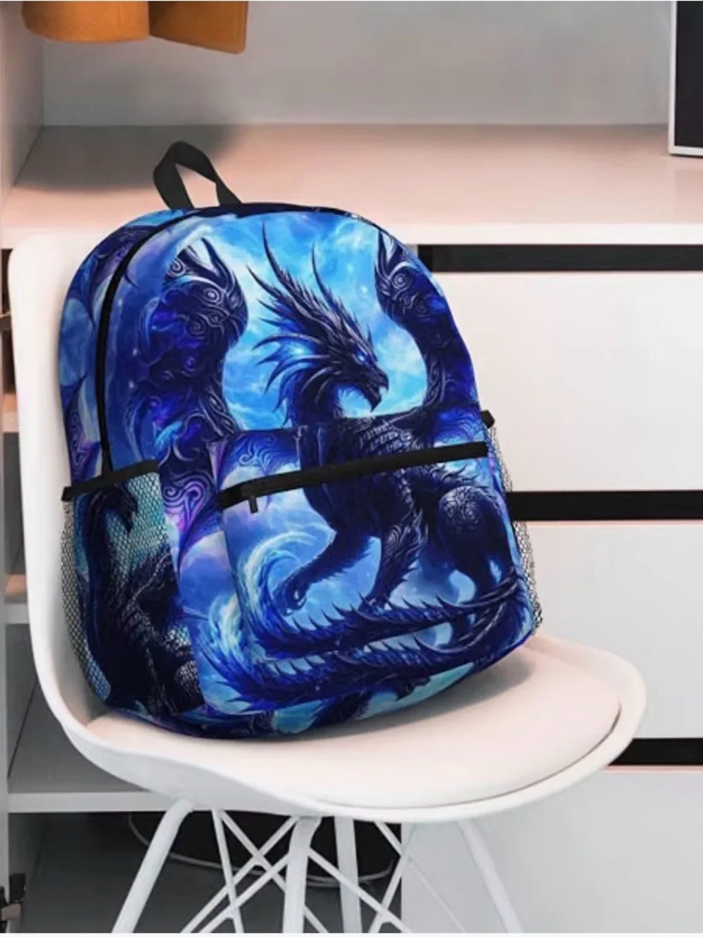 Novelty 3d Printed Dragon Blue Flame Travel Backpack nwt